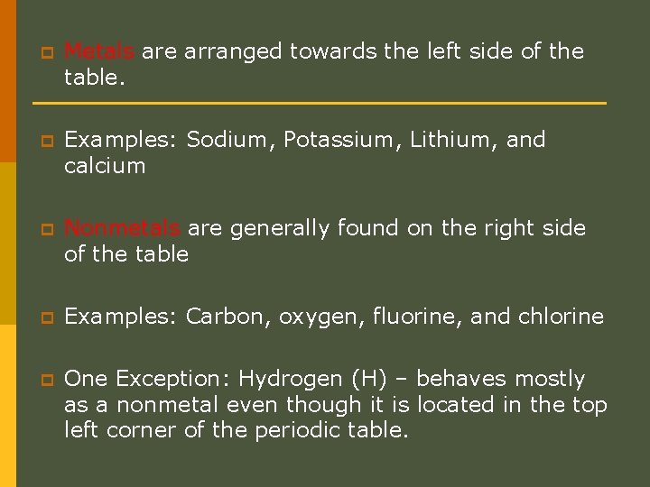 p Metals are arranged towards the left side of the table. p Examples: Sodium,