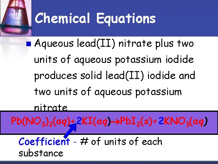 Chemical Equations n Aqueous lead(II) nitrate plus two units of aqueous potassium iodide produces