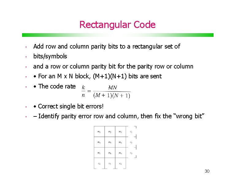 Rectangular Code • Add row and column parity bits to a rectangular set of