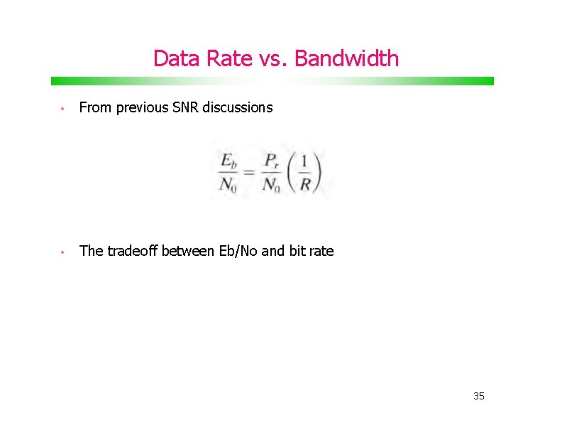 Data Rate vs. Bandwidth • From previous SNR discussions • The tradeoff between Eb/No