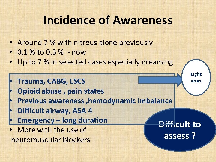 Incidence of Awareness • Around 7 % with nitrous alone previously • 0. 1