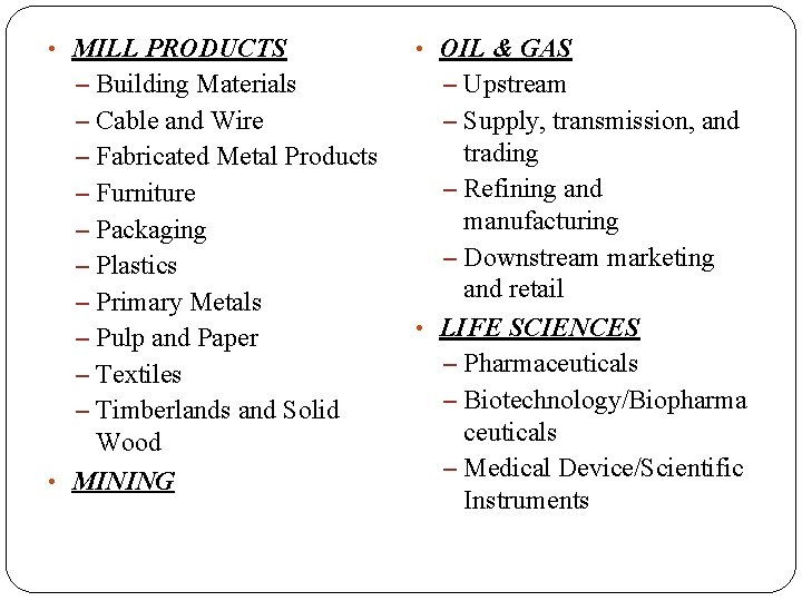  • MILL PRODUCTS • OIL & GAS – Building Materials – Upstream –