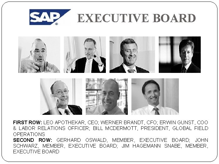 EXECUTIVE BOARD FIRST ROW: LEO APOTHEKAR, CEO; WERNER BRANDT, CFO; ERWIN GUNST, COO &