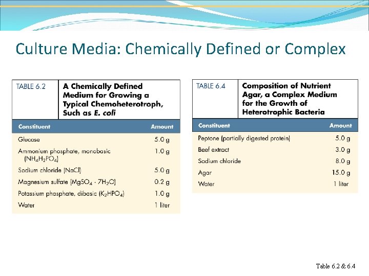 Culture Media: Chemically Defined or Complex Table 6. 2 & 6. 4 