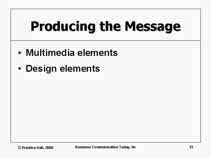 Producing the Message • Multimedia elements • Design elements © Prentice Hall, 2008 Business