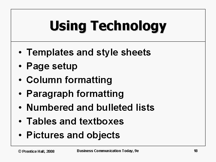 Using Technology • • Templates and style sheets Page setup Column formatting Paragraph formatting