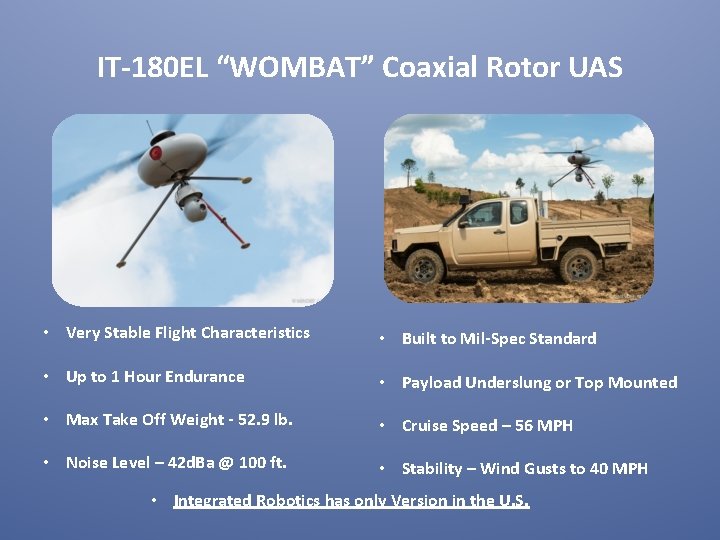 IT-180 EL “WOMBAT” Coaxial Rotor UAS • Very Stable Flight Characteristics • Built to