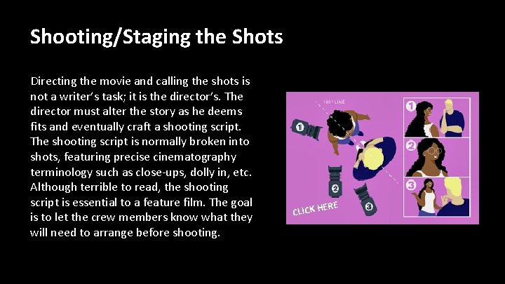 Shooting/Staging the Shots Directing the movie and calling the shots is not a writer’s