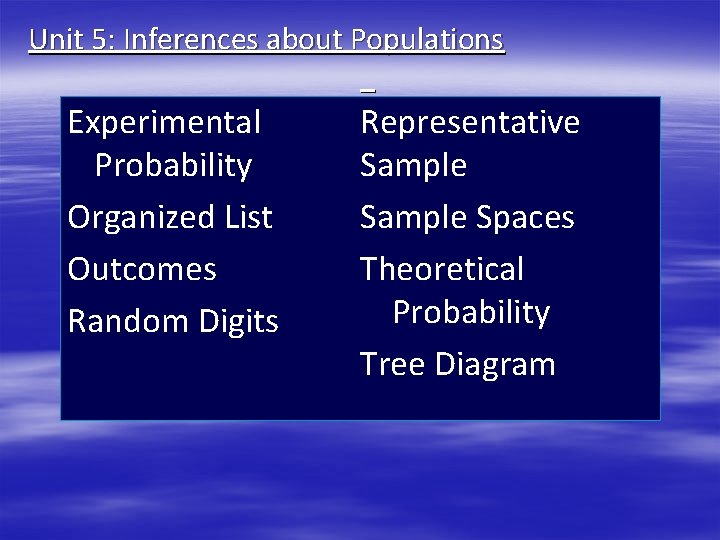 Unit 5: Inferences about Populations Experimental Probability Organized List Outcomes Random Digits Representative Sample