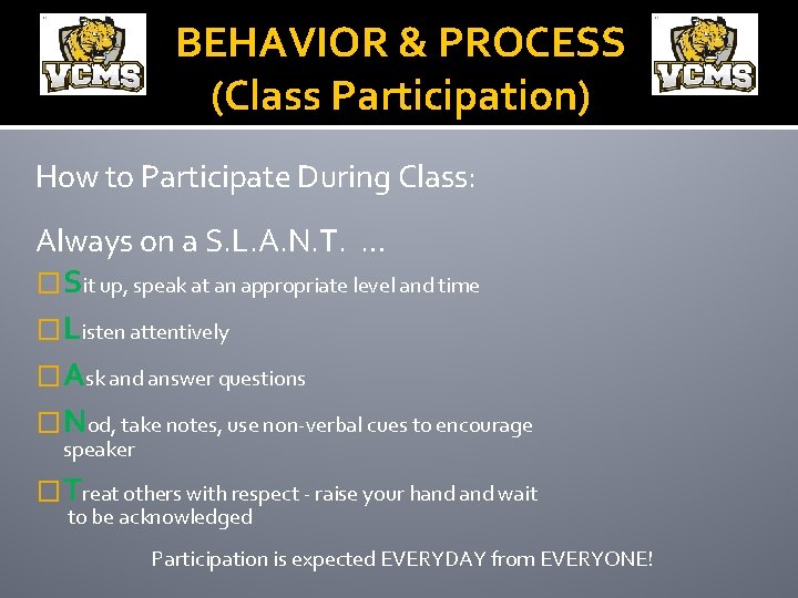 BEHAVIOR & PROCESS (Class Participation) How to Participate During Class: Always on a S.
