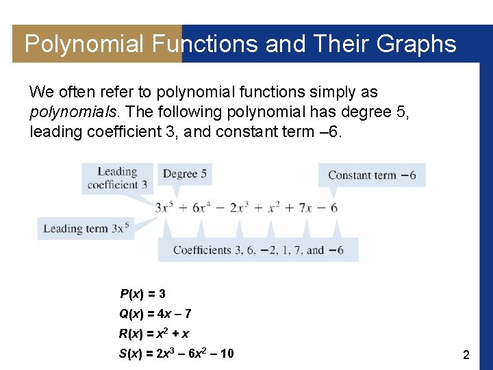 Polynomial Functions and Their Graphs We often refer to polynomial functions simply as polynomials. Polynomial Functions and Their Graphs We often refer to polynomial functions simply as polynomials.