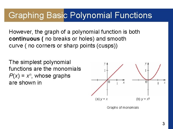 Graphing Basic Polynomial Functions However, the graph of a polynomial function is both continuous Graphing Basic Polynomial Functions However, the graph of a polynomial function is both continuous