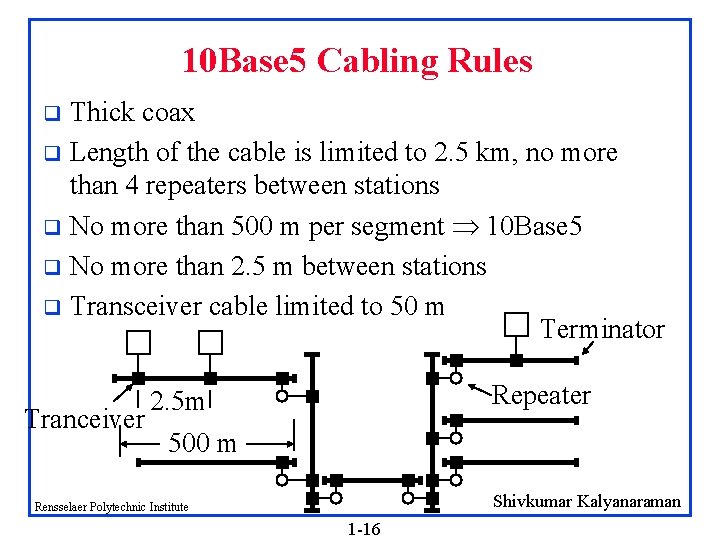 10 Base 5 Cabling Rules Thick coax q Length of the cable is limited