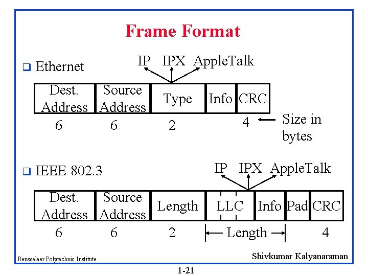 Frame Format q Ethernet IP IPX Apple. Talk Dest. Source Address 6 6 q