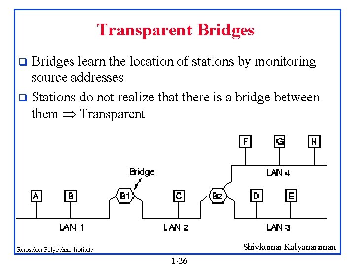 Transparent Bridges learn the location of stations by monitoring source addresses q Stations do