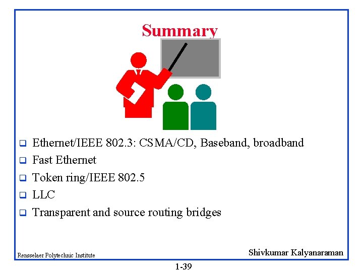 Summary q q q Ethernet/IEEE 802. 3: CSMA/CD, Baseband, broadband Fast Ethernet Token ring/IEEE