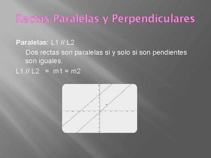 Rectas Paralelas y Perpendiculares Paralelas: L 1 // L 2 Dos rectas son paralelas
