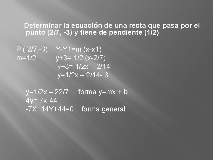 Determinar la ecuación de una recta que pasa por el punto (2/7, -3) y