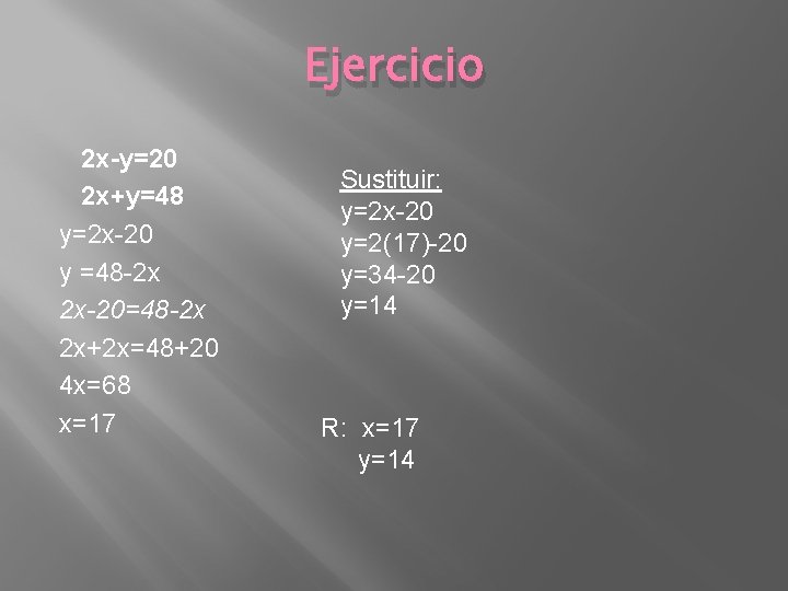 Ejercicio 2 x-y=20 2 x+y=48 y=2 x-20 y =48 -2 x 2 x-20=48 -2