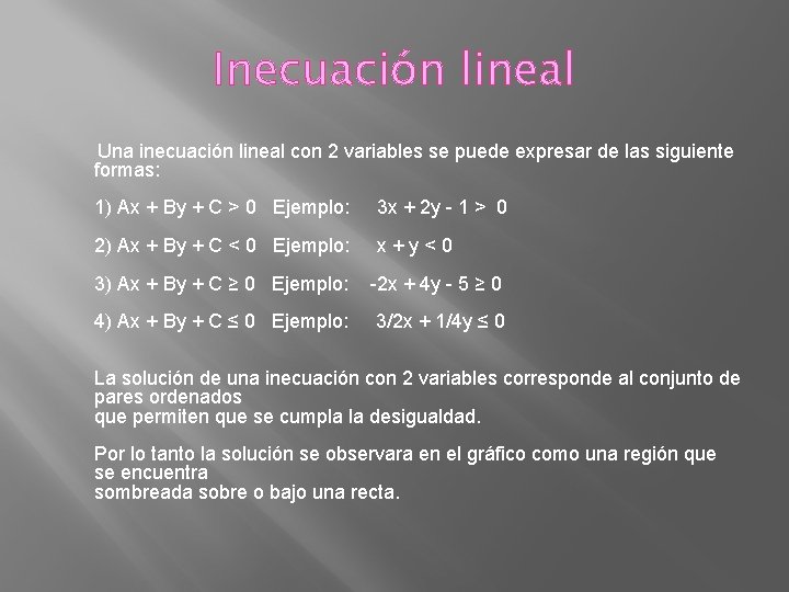 Inecuación lineal Una inecuación lineal con 2 variables se puede expresar de las siguiente