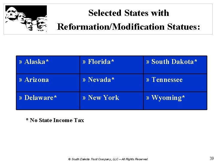 Selected States with Reformation/Modification Statues: » Alaska* » Florida* » South Dakota* » Arizona