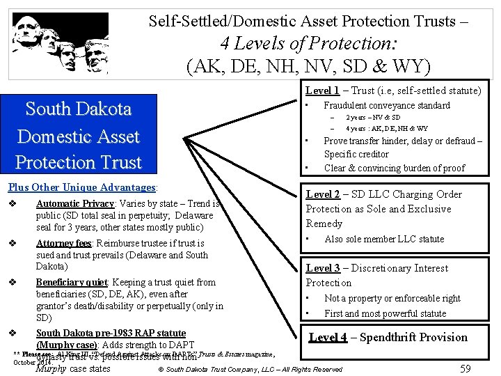 Self-Settled/Domestic Asset Protection Trusts – 4 Levels of Protection: (AK, DE, NH, NV, SD