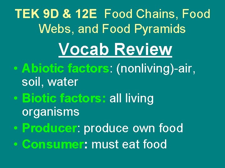 TEK 9 D & 12 E Food Chains, Food Webs, and Food Pyramids Vocab