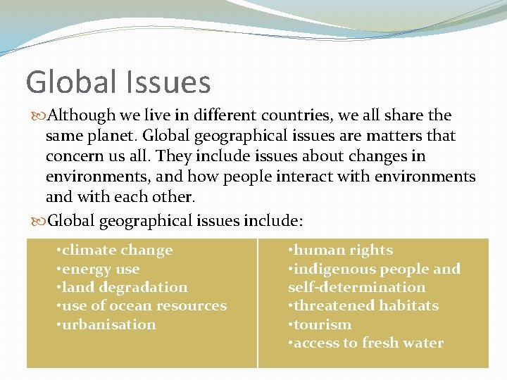 Global Issues Although we live in different countries, we all share the same planet.