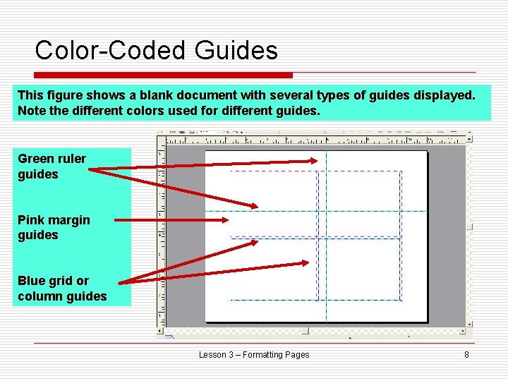Color-Coded Guides This figure shows a blank document with several types of guides displayed.