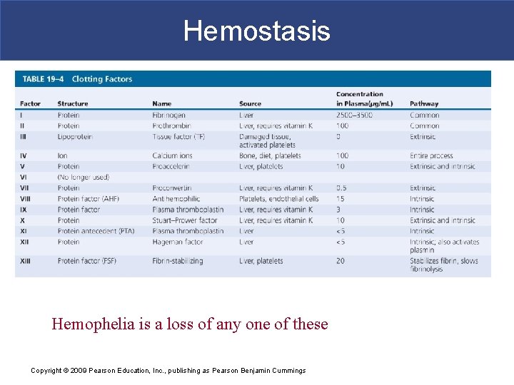 Hemostasis Hemophelia is a loss of any one of these Copyright © 2009 Pearson