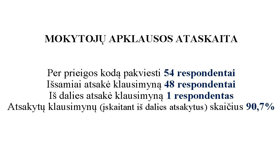 MOKYTOJŲ APKLAUSOS ATASKAITA Per prieigos kodą pakviesti 54 respondentai Išsamiai atsakė klausimyną 48 respondentai