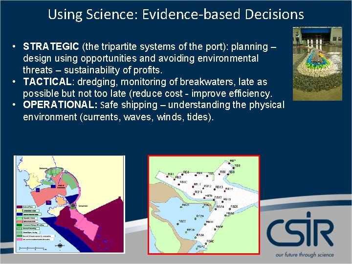 Using Science: Evidence-based Decisions • STRATEGIC (the tripartite systems of the port): planning –