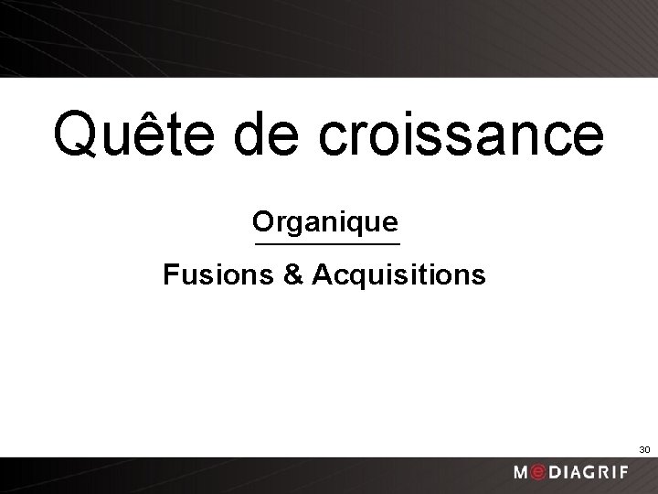 Quête de croissance Organique Fusions & Acquisitions 30 