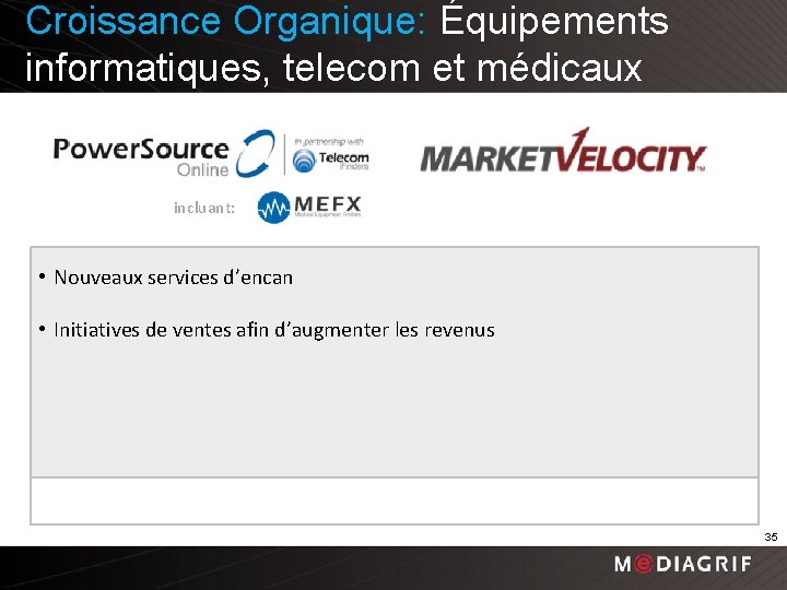 Croissance Organique: Équipements informatiques, telecom et médicaux incluant: • Nouveaux services d’encan • Initiatives