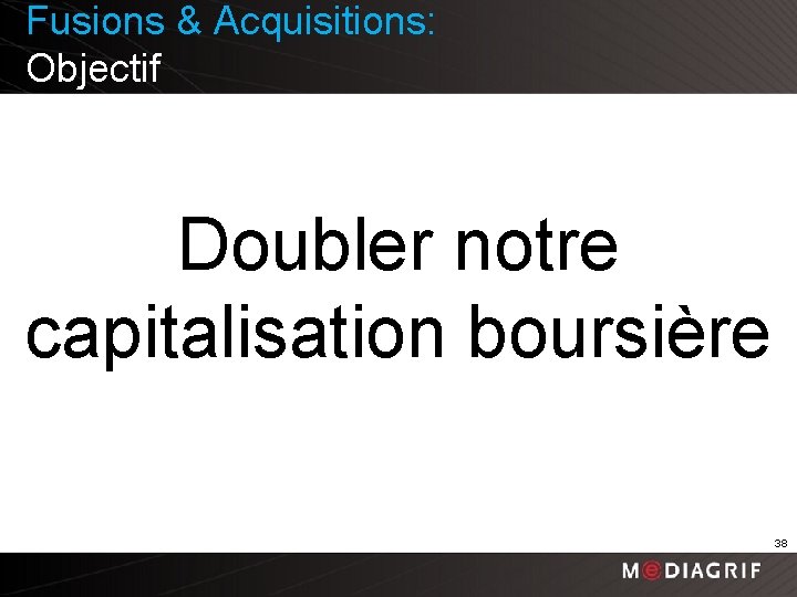 Fusions & Acquisitions: Objectif Doubler notre capitalisation boursière 38 