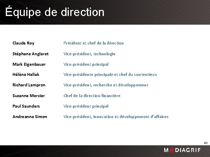 Équipe de direction Claude Roy Président et chef de la direction Stéphane Anglaret Vice-président,