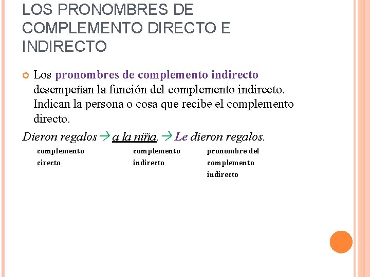 LOS PRONOMBRES DE COMPLEMENTO DIRECTO E INDIRECTO Los pronombres de complemento indirecto desempeñan la