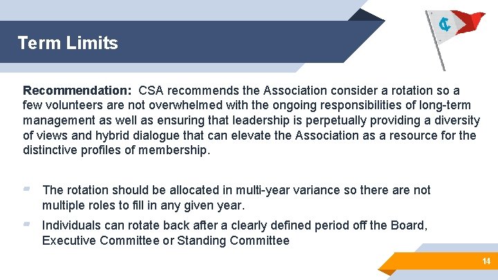 Term Limits Recommendation: CSA recommends the Association consider a rotation so a few volunteers