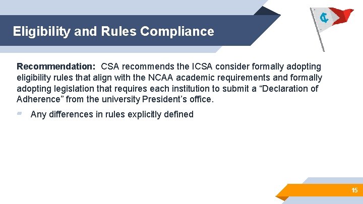 Eligibility and Rules Compliance Recommendation: CSA recommends the ICSA consider formally adopting eligibility rules