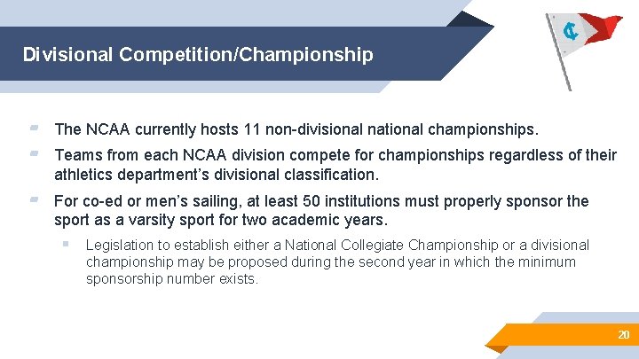 Divisional Competition/Championship ▰ The NCAA currently hosts 11 non-divisional national championships. ▰ Teams from