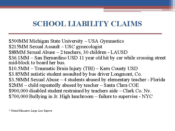 SCHOOL LIABILITY CLAIMS $500 MM Michigan State University – USA Gymnastics $215 MM Sexual