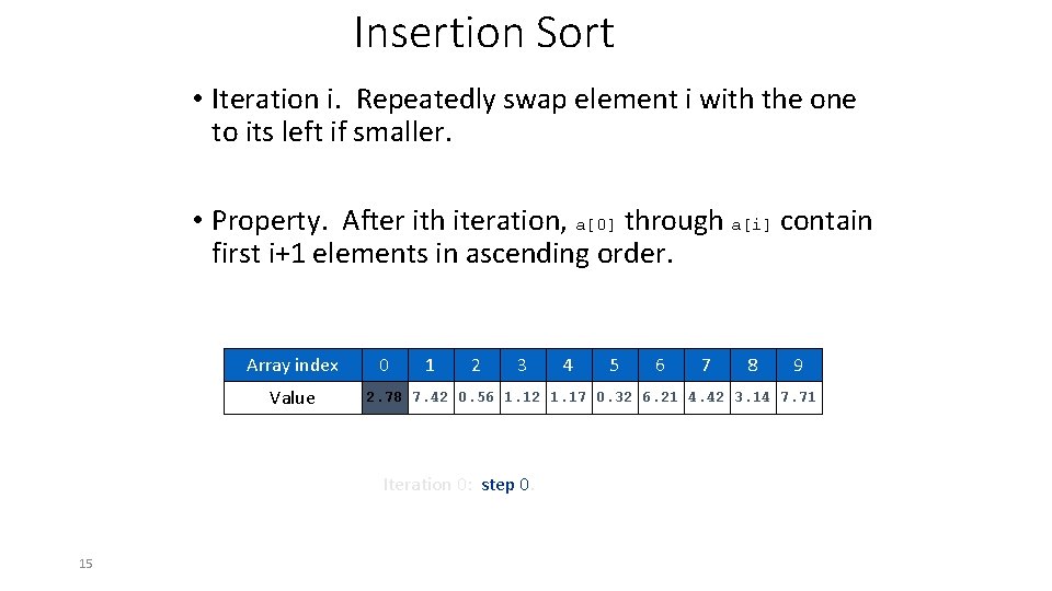 Insertion Sort • Iteration i. Repeatedly swap element i with the one to its