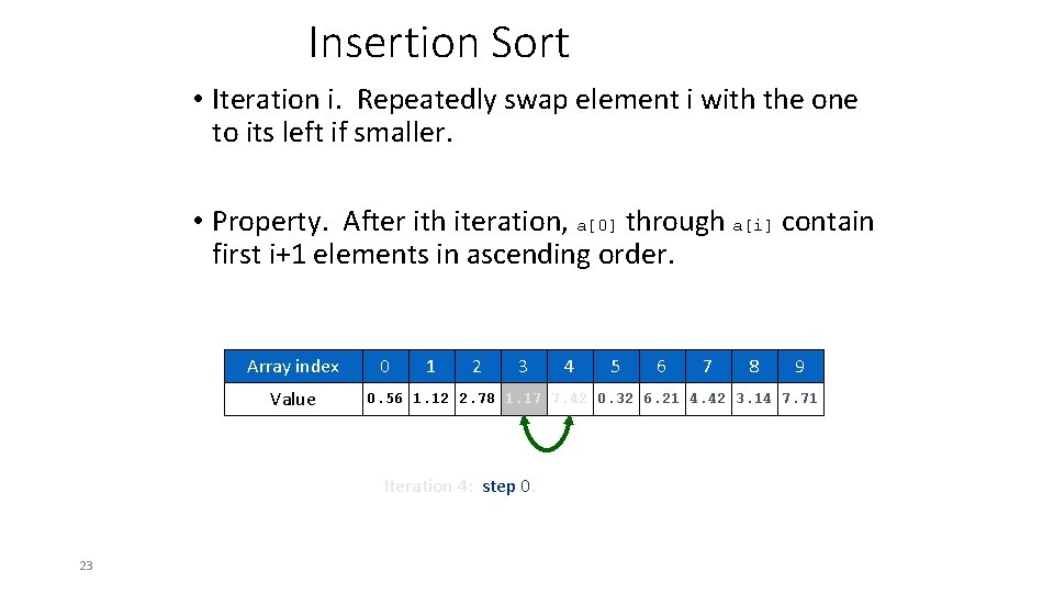 Insertion Sort • Iteration i. Repeatedly swap element i with the one to its