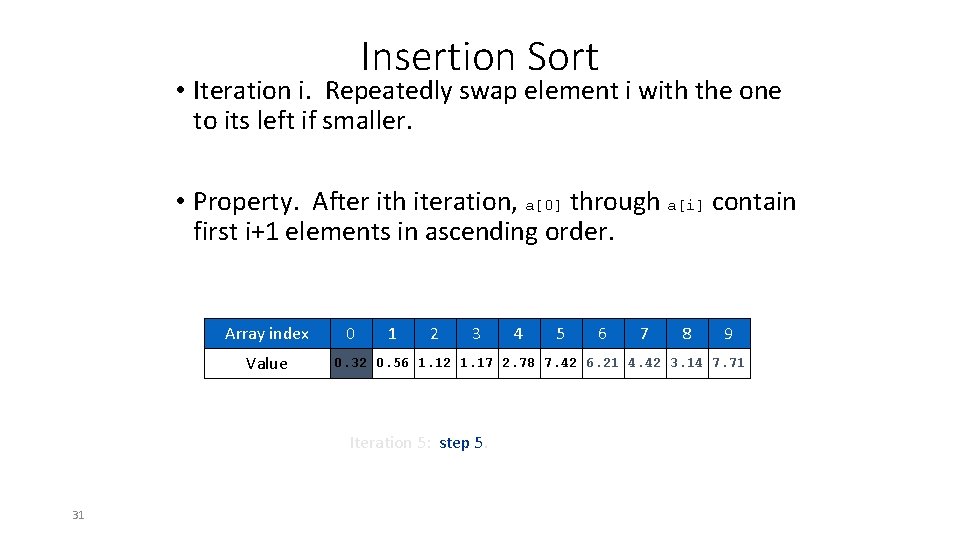 Insertion Sort • Iteration i. Repeatedly swap element i with the one to its