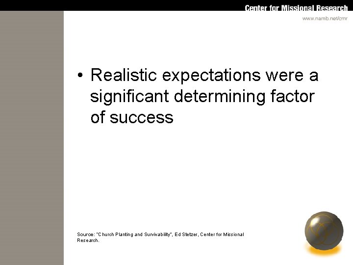  • Realistic expectations were a significant determining factor of success Source: “Church Planting