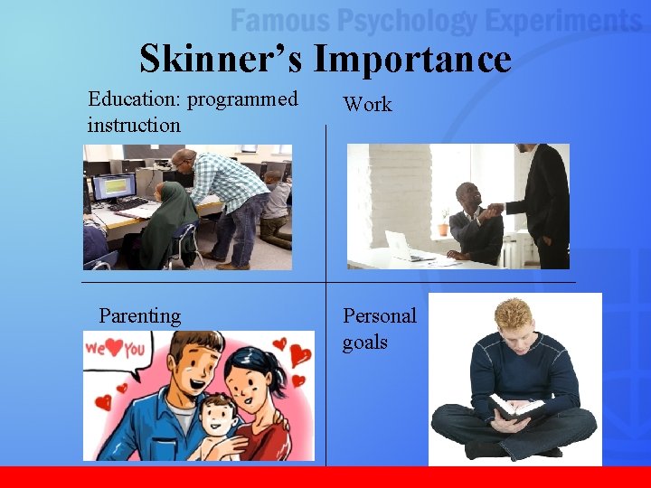 Skinner’s Importance Education: programmed instruction Parenting Work Personal goals 25 