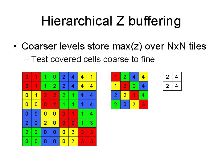 Hierarchical Z buffering • Coarser levels store max(z) over Nx. N tiles – Test