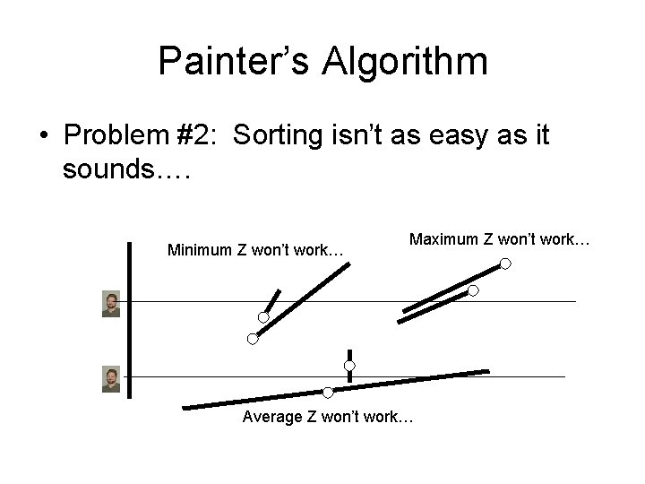 Painter’s Algorithm • Problem #2: Sorting isn’t as easy as it sounds…. Minimum Z