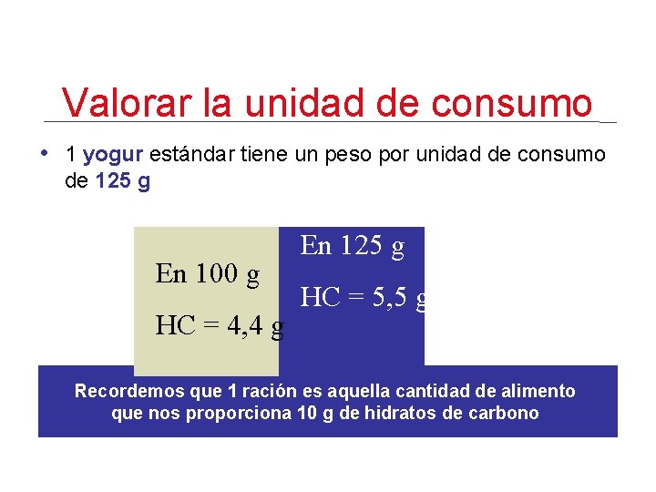 Valorar la unidad de consumo • 1 yogur estándar tiene un peso por unidad