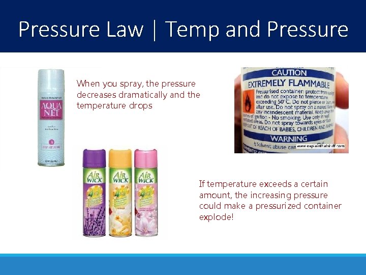 Pressure Law | Temp and Pressure When you spray, the pressure decreases dramatically and